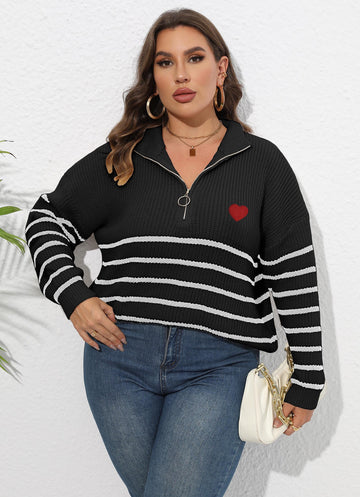 Woochic pull grande taille femme demi-col zippé motif cœur rayures noir XL